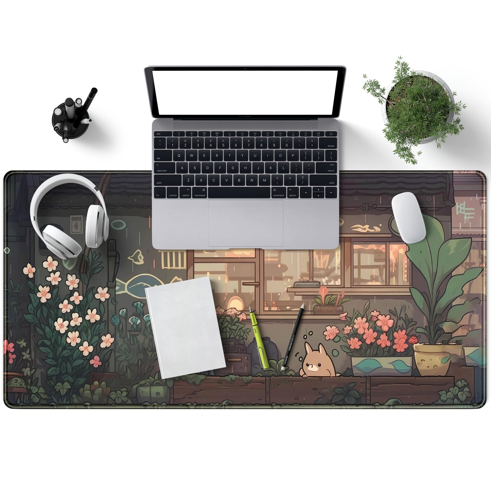 Japanese Anime Kawaii Cat & Green Plants XXL Gaming Mouse Pad - 31.5''x15.7'' Extended Desk Mat for PC, Keyboard & Office Decor | Cute Large Mousepad for Gamers, Anime Fans & Workspace Setup