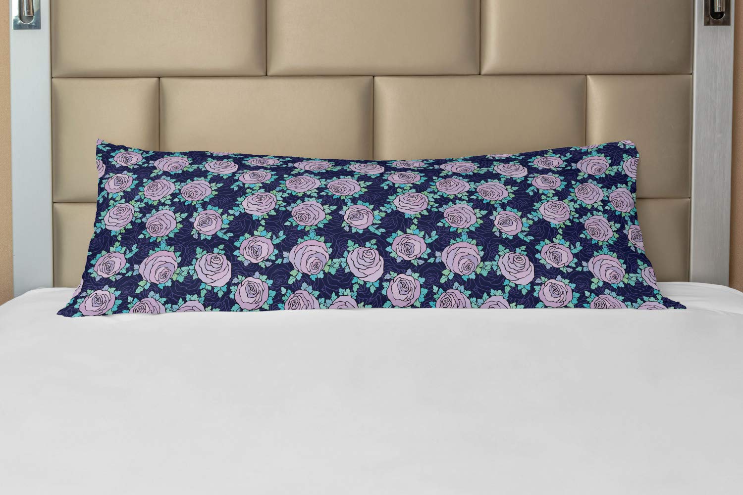 Ambesonne Rose Body Pillow Cover with Zipper - Romantic Floral Design, Blue Leaves Feminine Decor, 21