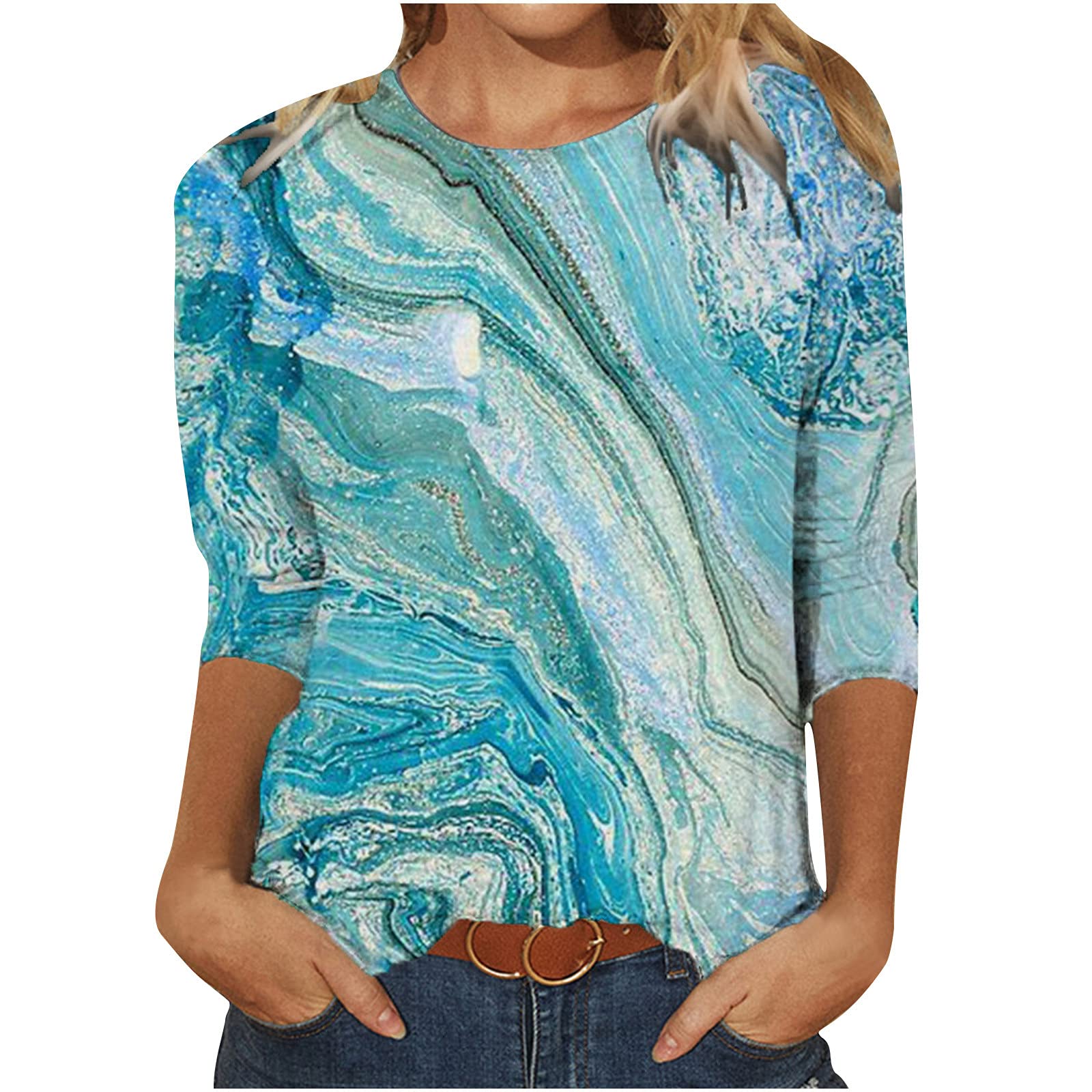 Women's 3/4 Sleeve Marble Print Blouse - Casual Loose Fit Lightweight Tops for Women | Perfect for Office, Date Night & Summer Outfits