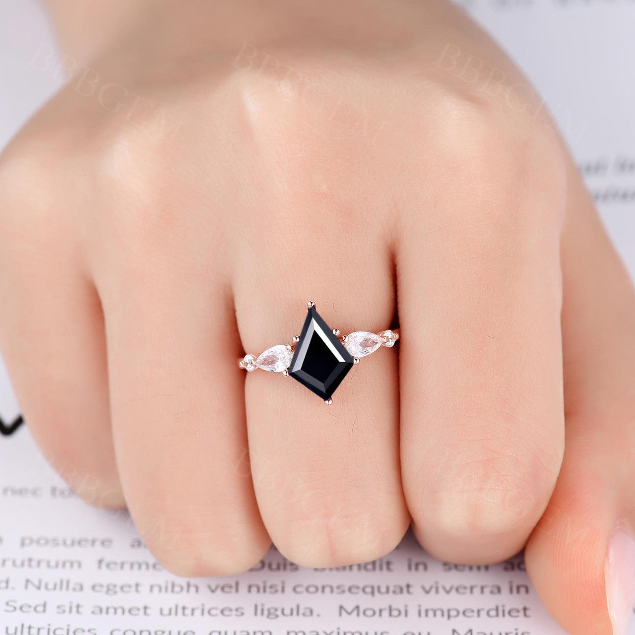 Elegant Lozenge Step Cut Black Onyx Statement Ring with Pear Moissanite Accent - Perfect for Evening Parties, Date Nights & Special Occasions