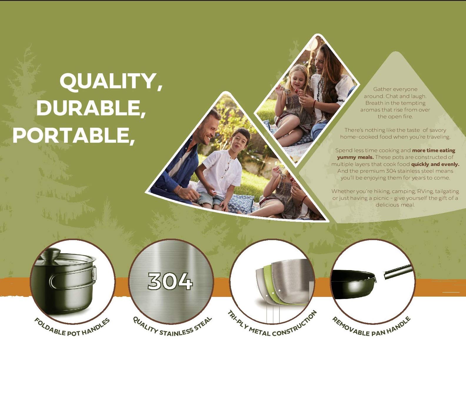 **304 Stainless Steel 8-Piece Camping Cookware Set - Pots, Pans & Frying Pan with Steamer | Portable Travel Tote Bag | Perfect for Outdoor Camping, Hiking, RV Trips & Indoor Kitchen Use**