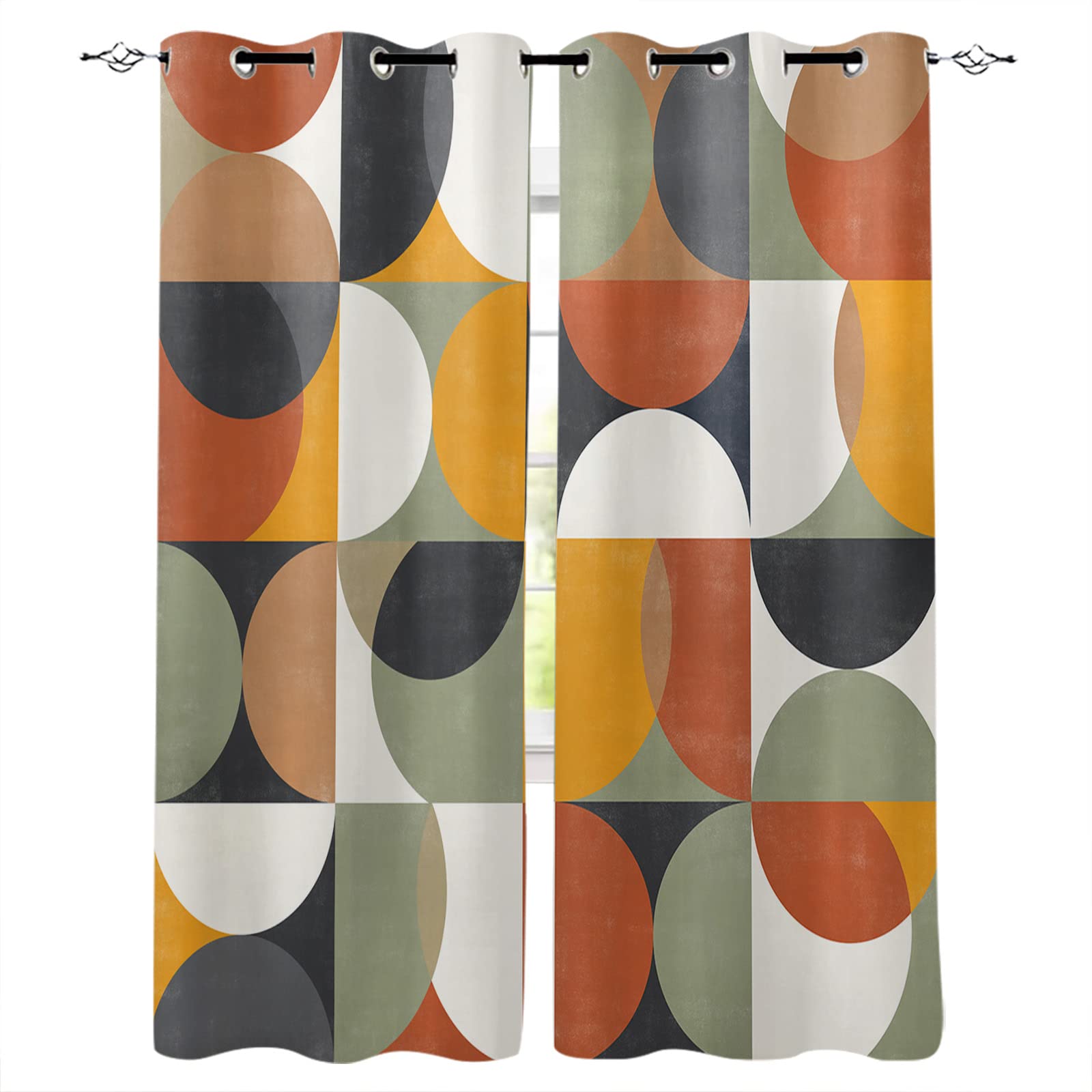 Mid Century Modern Curtains - Retro Orange Yellow Green Abstract Geometric Blackout Drapes for Living Room & Bedroom (2 Panels, 42x84 Inches) | Thermal Insulated Room Darkening Window Treatments for Home Decor & Privacy