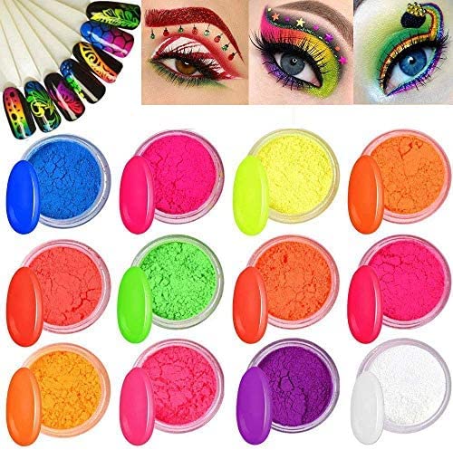 KIRA Neon Pigment Eyeshadow & Nail Powder Set - 12 Vibrant Fluorescent Colors for Face, Body Makeup & Nail Art | Perfect for Festival, Rave, Cosplay & UV Party Glow Looks