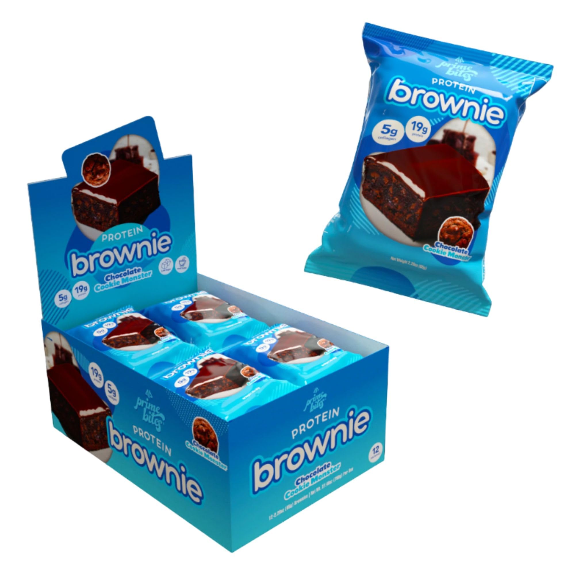 Alpha Prime Supplements Protein Brownie - High Protein, Low Sugar Collagen Snack Bars | 12 Chocolate Cookie Monster Flavored Bars per Box | Perfect for Post-Workout Recovery, Healthy Dessert & On-the-Go Energy Boost