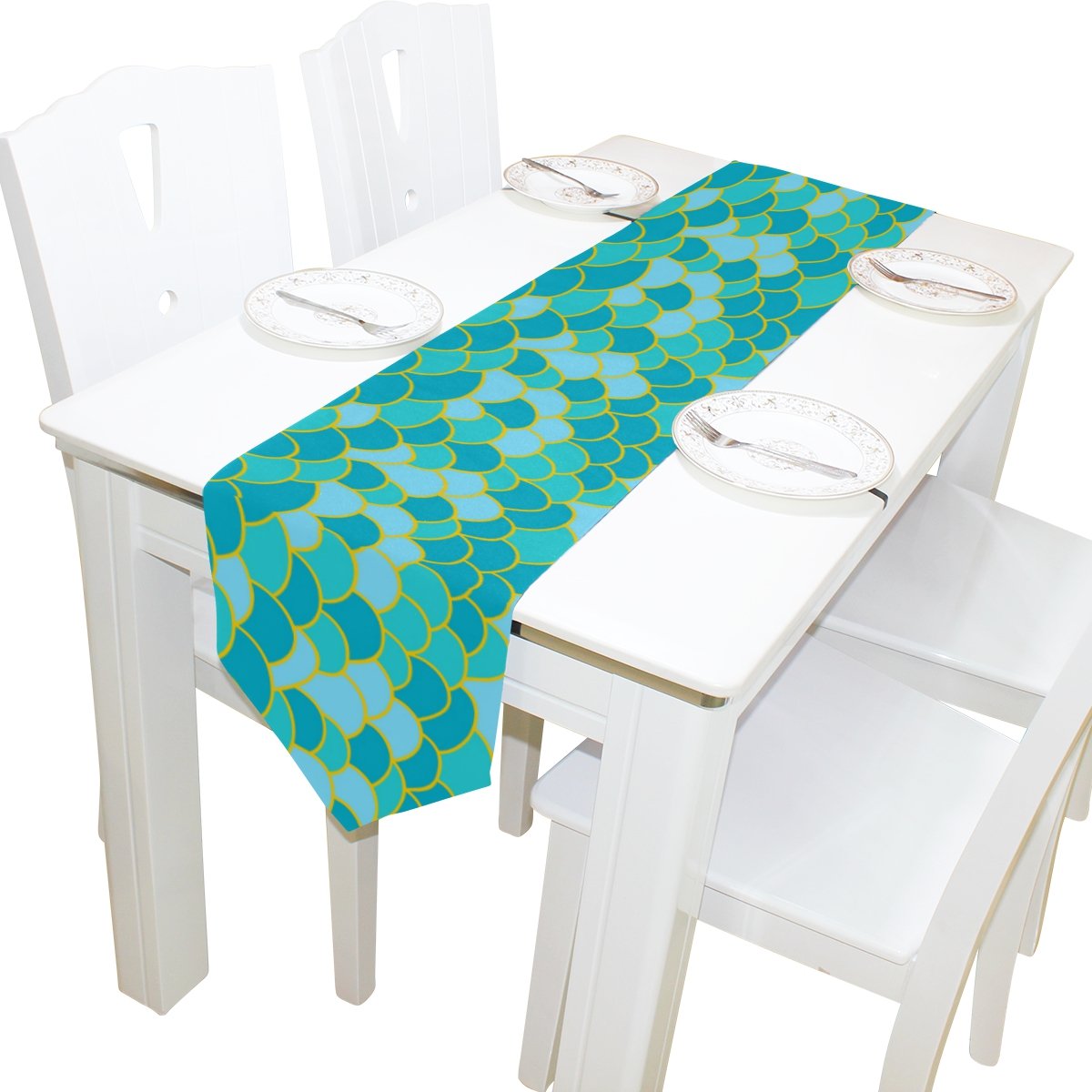 Vantaso 90 Inch Mermaid Scale Table Runner - Heat Resistant Polyester Fabric for Kitchen & Dining Table Decor - Perfect for Holiday Parties, Weddings, and Home Decoration
