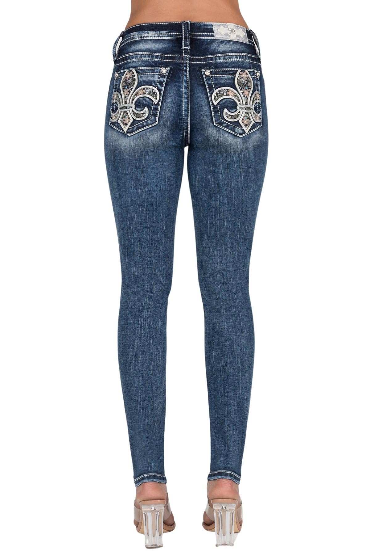 Miss Me Women's Garden Fleur De Lis Embellished Pocket Skinny Jeans - Mid Rise Stretch Denim Pants for Casual Wear & Date Night Outfits