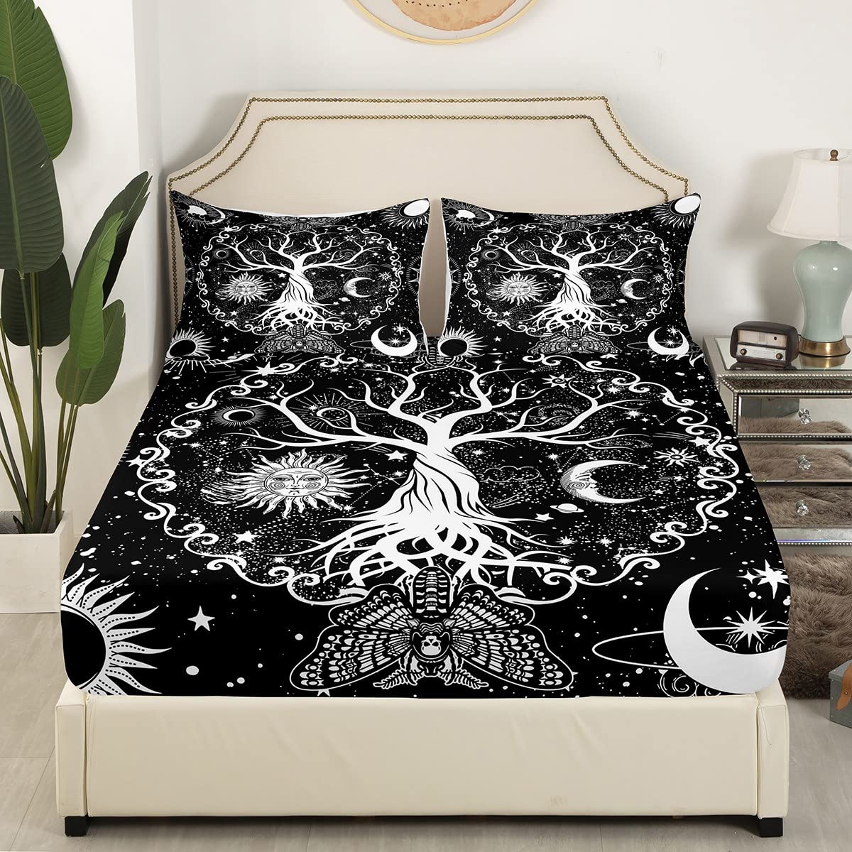 Erosebridal Tree of Life Bed Sheet Set - Gothic Sun & Moon Fitted Sheet with Cosmic Stars Design, Boho Death Skull & Trippy Galaxy Print, Includes 2Pcs Twin Size Sheets & 1 Pillowcase - Perfect for Gothic, Bohemian & Celestial Themed Bedrooms