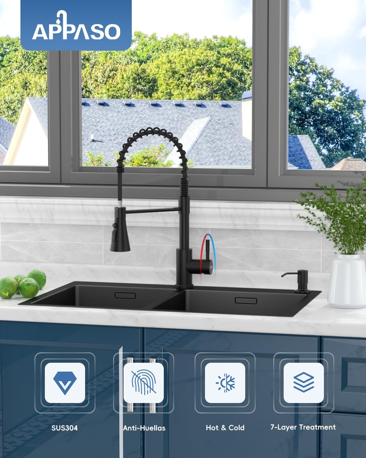 APPASO Matte Black Commercial Spring Kitchen Faucet with Pull Down Sprayer & Soap Dispenser - High Arc Single Handle Sink Faucet for Farmhouse, RV, Restaurant Use - Perfect for Modern Kitchens and Heavy-Duty Cooking Areas