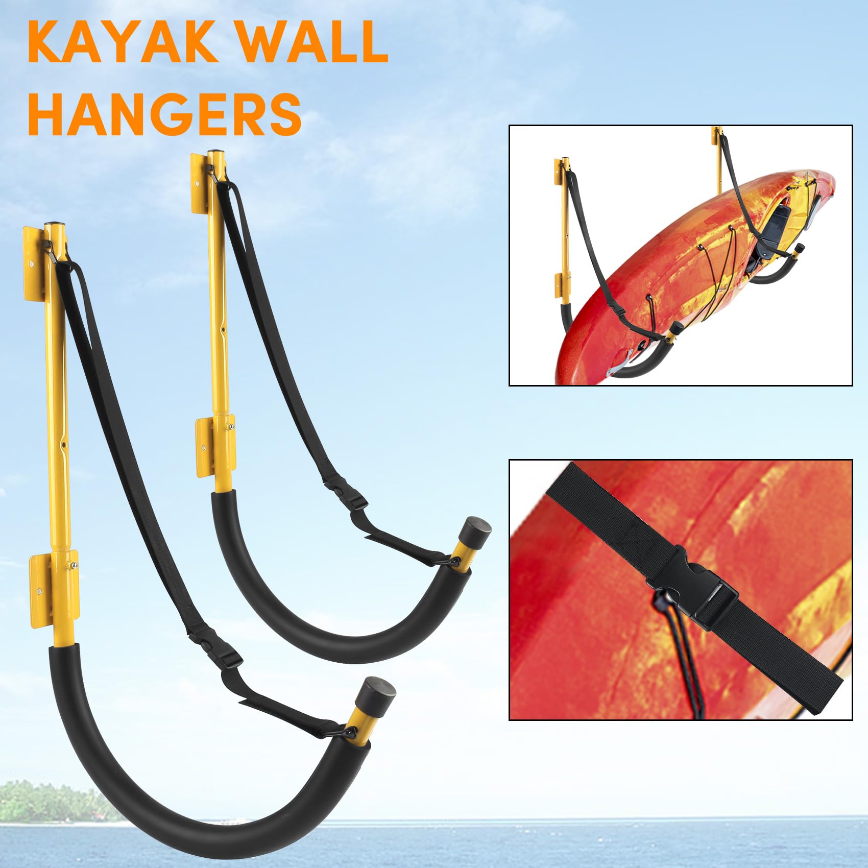 Heavy Duty Kayak Wall Mount Storage Rack with Straps - 100 LB Capacity Kayak Hanger for Garage, Paddle Boards, Surfboards, Bikes, Ladders, SUP & Snowboard - Perfect for Garage, Shed or Outdoor Storage Organization