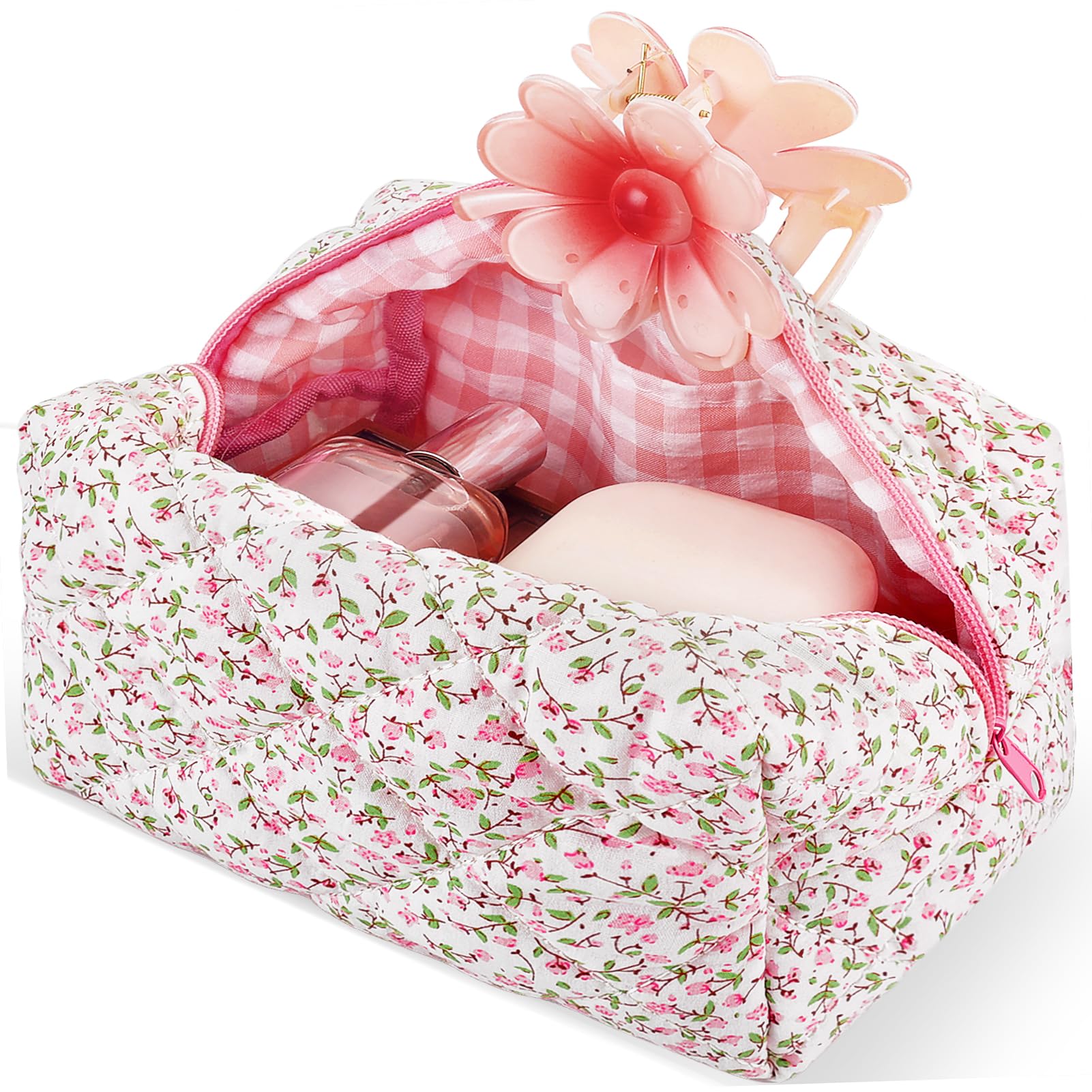 Quilted Floral Makeup Bag Large Cute Cosmetic Organizer - Cotton Puffy Travel Toiletry Pouch with Zipper for Women & Girls (Pink) | Perfect for Travel, Gym, Daily Use & Gift Giving