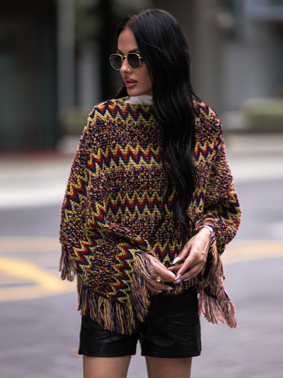Stylish Fringe Hem Boat Neck Poncho for Women – Boho Chic Knit Wrap Cover-Up – Perfect for Beach, Vacation, and Casual Outings