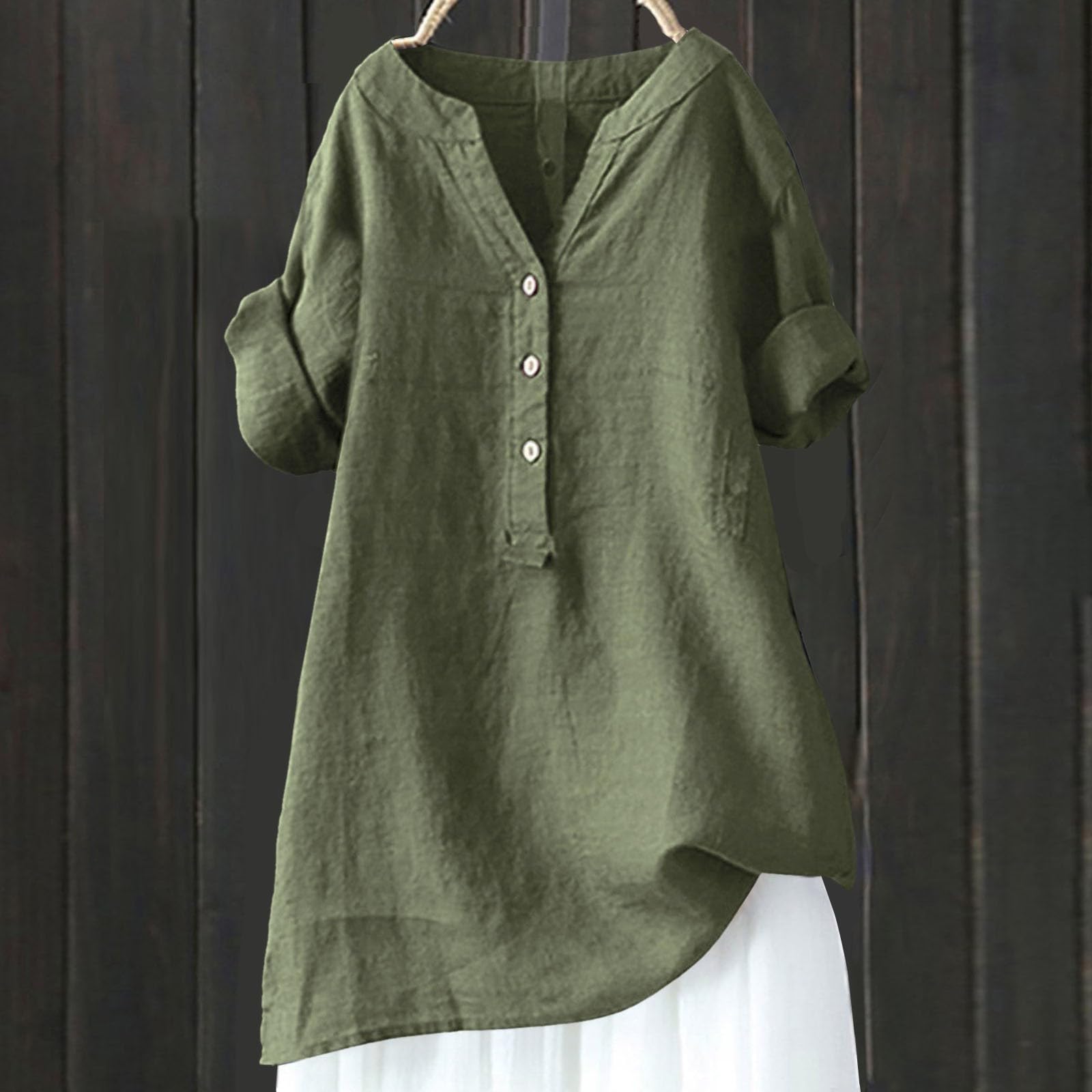 Women's Linen Shirt - Plus Size 3/4 Sleeve V-Neck Tunic Top for Summer 2024 | Casual Beach Wear & Vacation Outfit