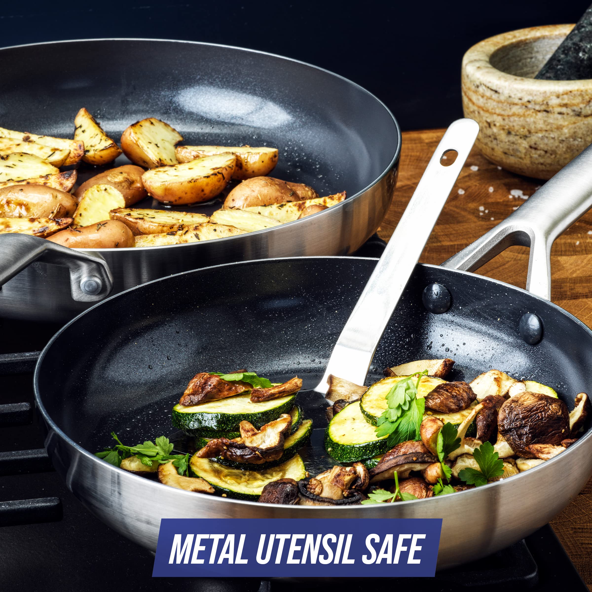 Blue Diamond Tri-Ply Stainless Steel Ceramic Nonstick Cookware Set - 7 Piece Pots & Pans | PFAS-Free, Induction Compatible, Dishwasher & Oven Safe | Perfect for Home Cooking, Professional Kitchens & Gift Giving