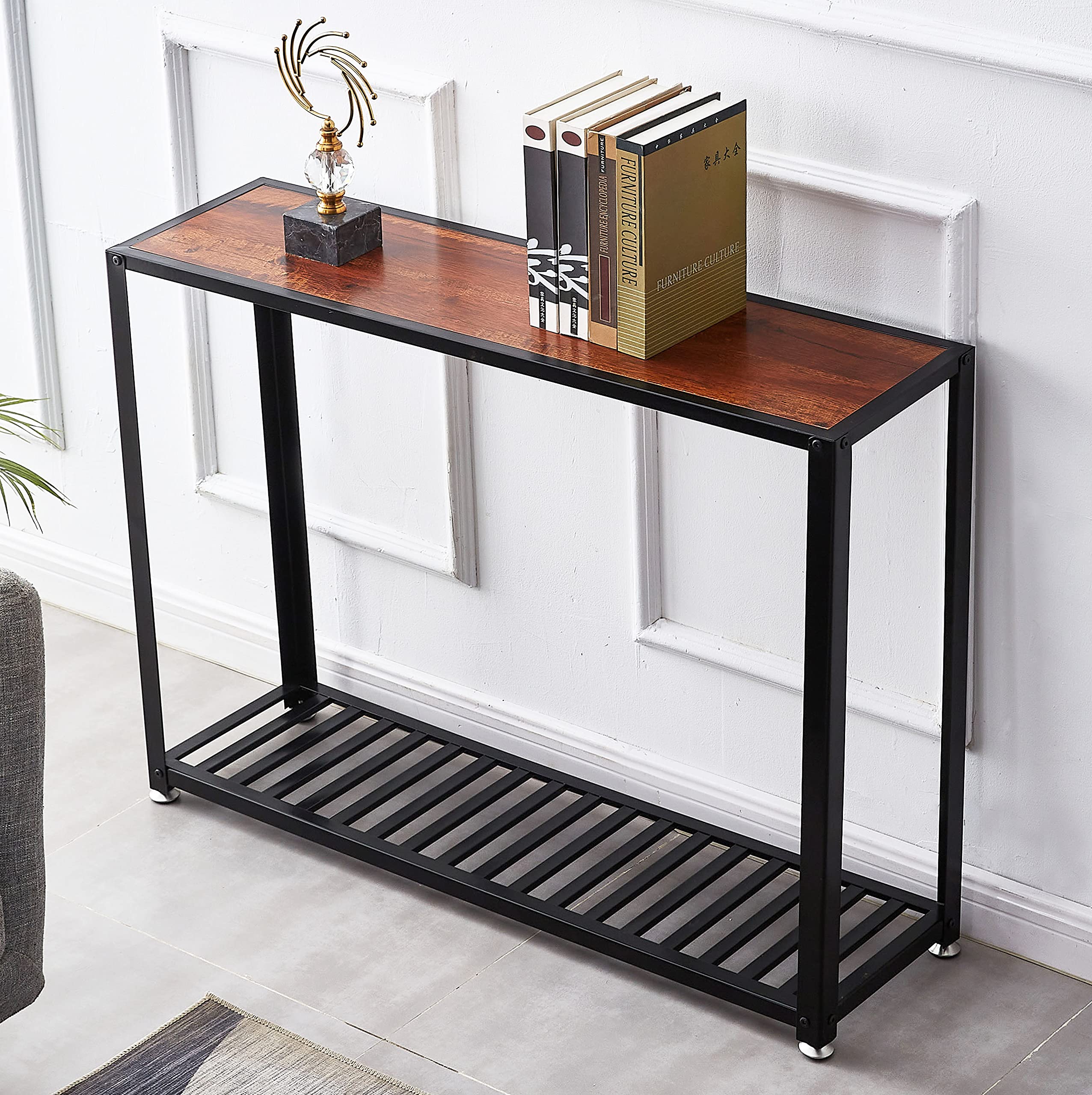 Loglus Modern Sofa Table with Metal Shelf - Dark Brown Console Table for Living Room, Entryway, or Hallway - Sturdy Inner Board Design for Home Decor and Storage