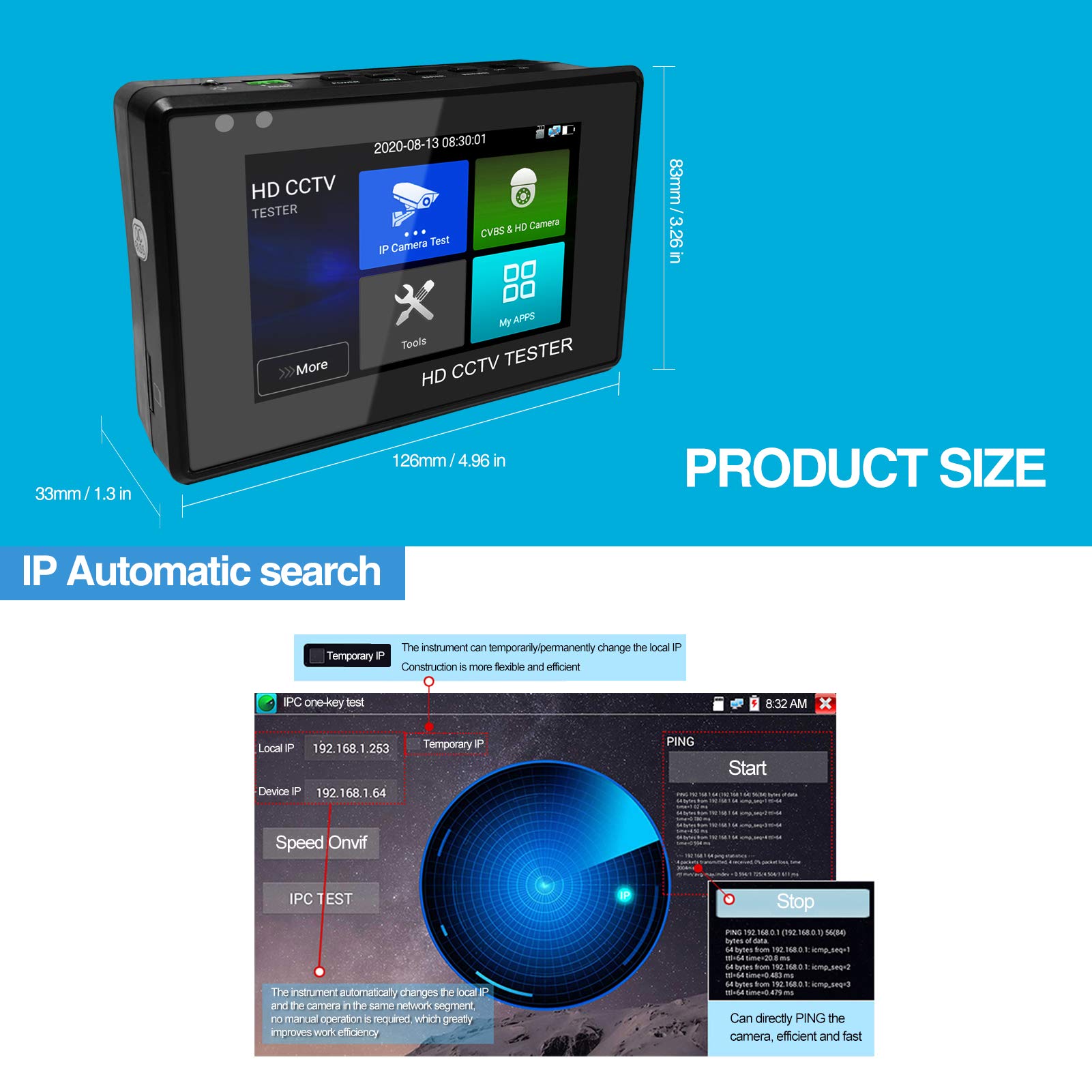 Rsrteng 4-inch IPS Touch Screen CCTV Camera Tester - Supports 12MP IP, 8MP TVI/CVI/AHD, CVBS & 4K Cameras with POE, PTZ, RS485 & TF Card Slot - Professional Tool for Security Camera Installation & Maintenance
