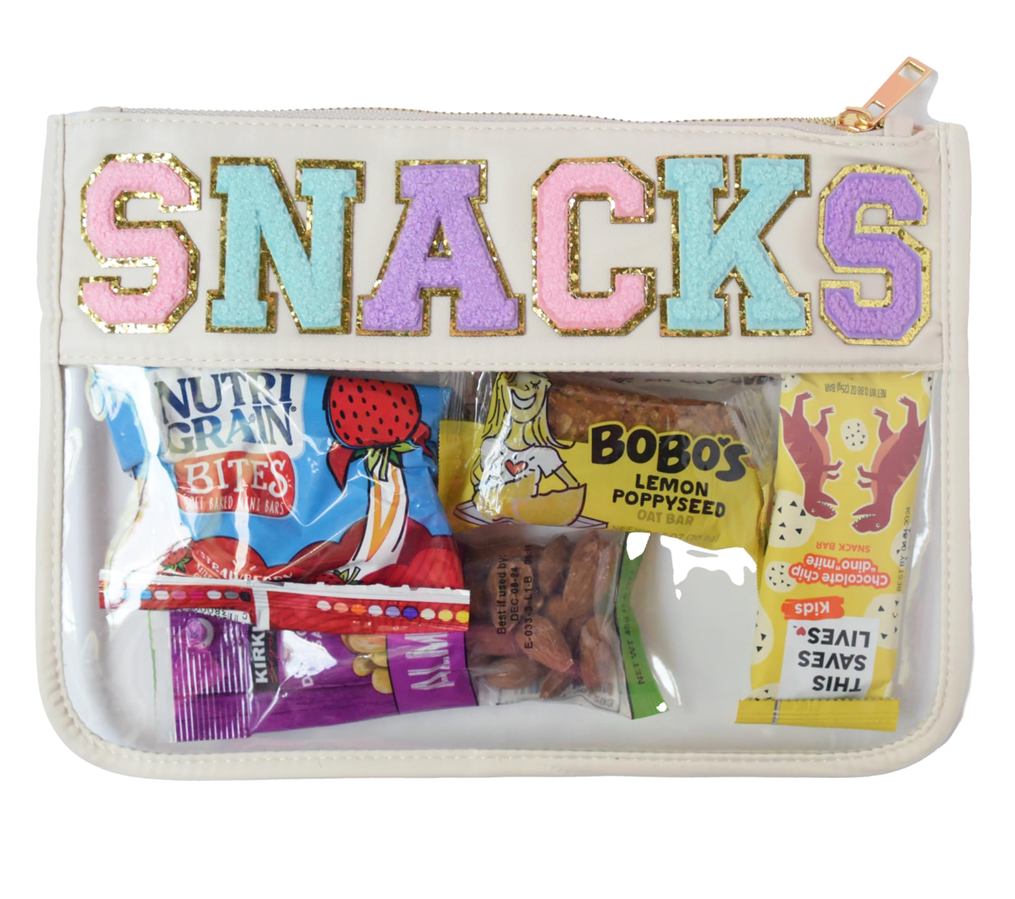 Personalized Clear Pouch with Varsity Patches - Travel Makeup & Snack Bag for School & Outings