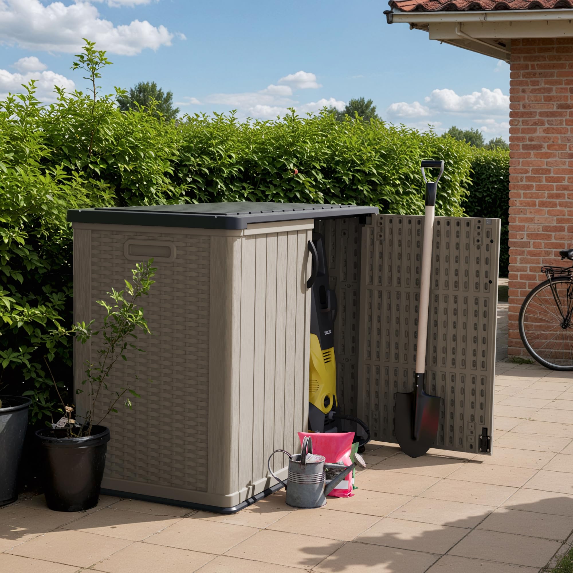 Devoko 26 Cu Ft Outdoor Storage Cabinet with Lockable Doors - Waterproof Horizontal Storage Shed for Patio, Garden Tools, Cushions & Accessories (Beige) | Perfect for Backyard, Garage & Poolside Organization