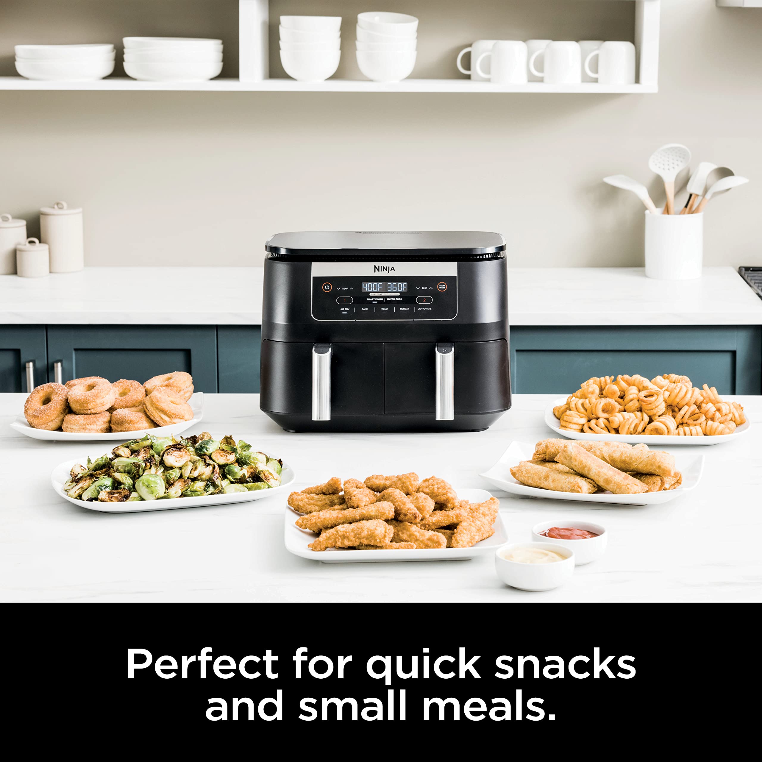 Ninja DZ090 Foodi 6 Quart 5-in-1 DualZone Air Fryer with 2 Independent Baskets - Smart Finish Technology for Roasting, Baking, Dehydrating - Perfect for Quick Snacks, Small Meals & Family Cooking - Black