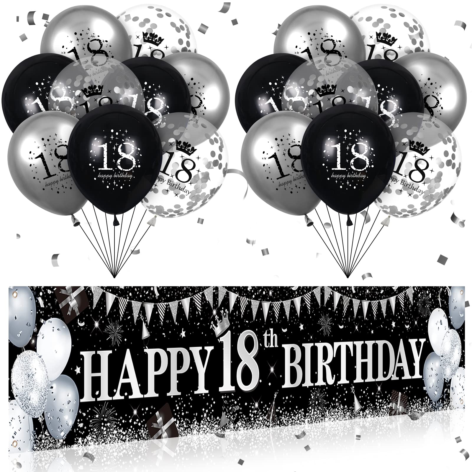 Black Silver 18th Birthday Party Decorations Set - Happy 18th Birthday Banner, Yard Sign & 18PCS Balloons for Boys & Girls - Cool Birthday & Anniversary Party Supplies for Indoor & Outdoor Celebrations
