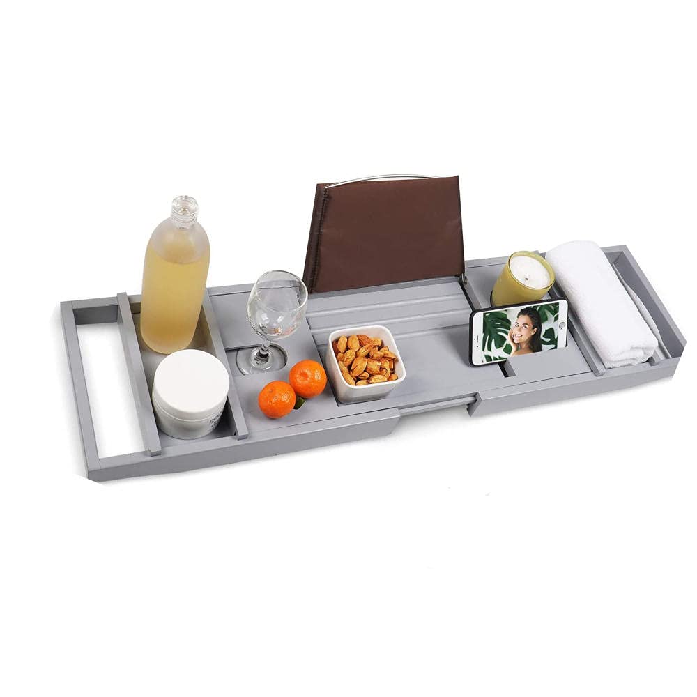 Expandable Bathtub Tray with Wine Glass Holder & Book Stand - Adjustable Drain Bath Caddy Tray, Bathtub Storage Organizer - Perfect Relaxation Gift for Spa, Bath Time & Self Care (Gray)