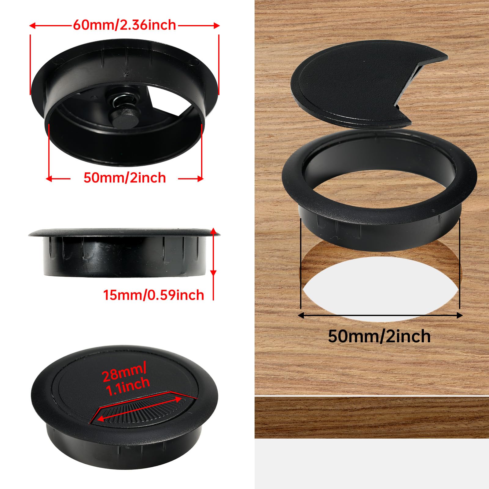 12 Pack 2 Inch (50mm) Black Desk Grommet - Cable Management Hole Cover with Hole Saw for Office Desks, Workstations & Home Furniture - Durable Wire Insert for Clean Cable Organization