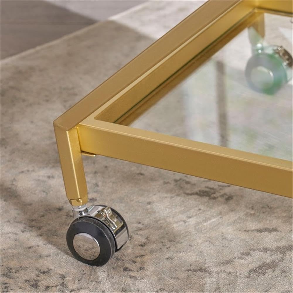 Noble House Sherianne Gold Iron Bar Cart with Tempered Glass Shelves - Stylish Rolling Drink Cart for Home Bar, Kitchen, or Outdoor Entertaining