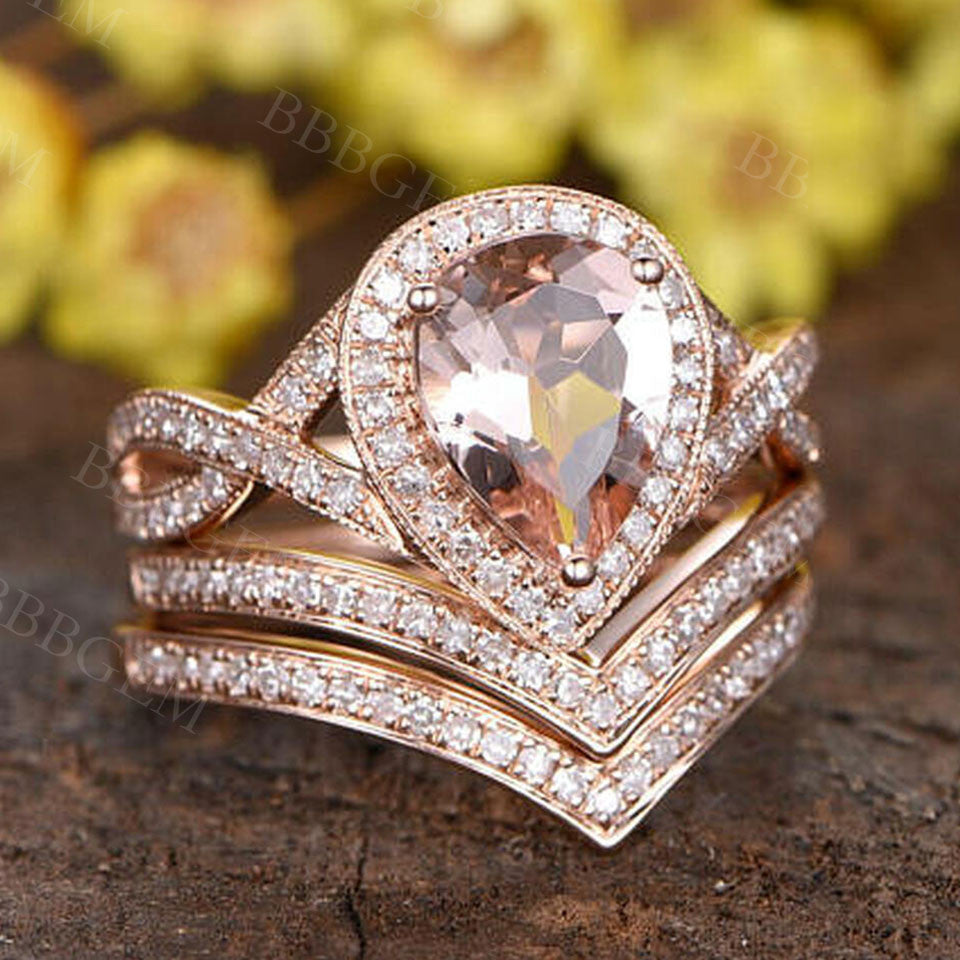 3Pcs Pear Pink Morganite Infinity Bridal Ring Set in 18K Rose Gold - 2.2 Carat Wedding Band for Engagement, Anniversary & Promise Rings - Perfect for Brides, Couples & Romantic Gifts