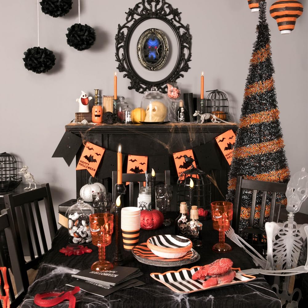 National Tree Company 7.5 ft Halloween Orange and Black Pop-Up Artificial Christmas Tree for Spooky Home Decor, Party & Holiday Celebration