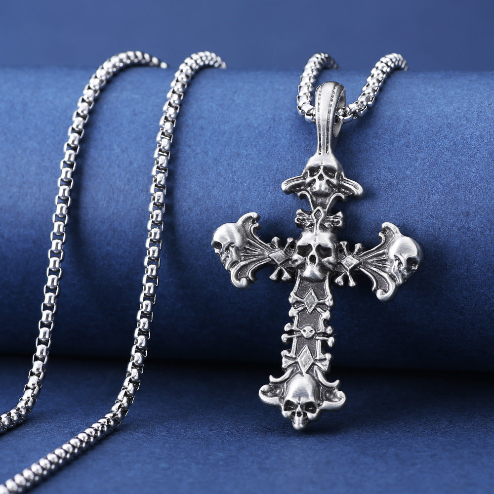 Halloween Skull Cross Pendant Herringbone Chain Necklace - Gothic Jewelry for Women | HL027 | Perfect for Costume Parties, Cosplay & Dark Fashion Accessories