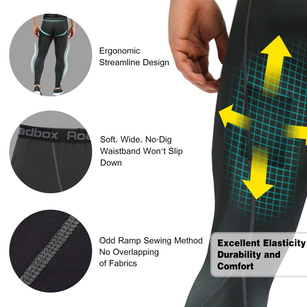 Roadbox Men's Compression Pants - Cooling Dry Workout Leggings for Running, Gym & Sports Baselayer
