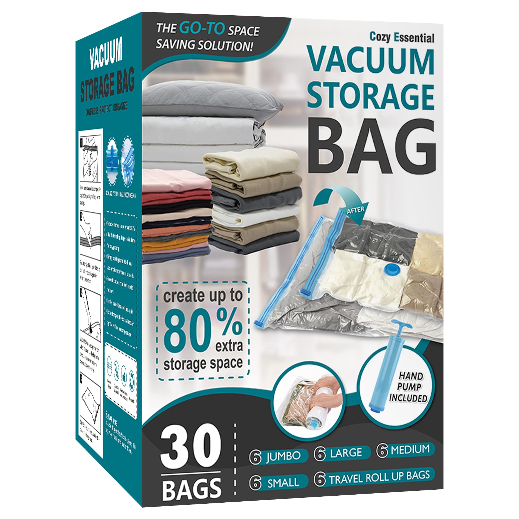 30 Pack Space Saver Vacuum Storage Bags (6 Jumbo/6 Large/6 Medium/6 Small/6 Roll) - Compression Bags for Clothes, Comforters, Blankets & Seasonal Storage - Includes Hand Pump - Perfect for Travel, Moving & Home Organization