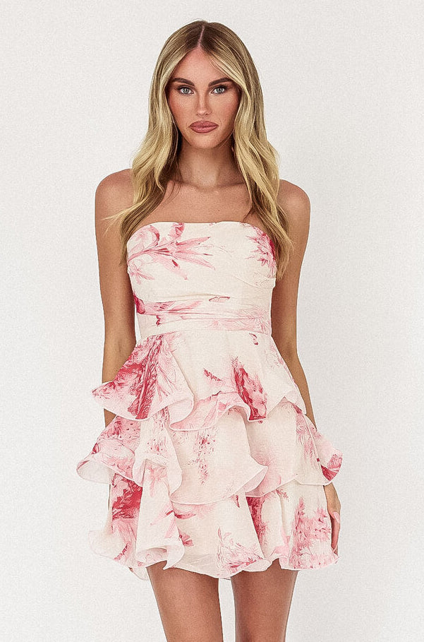 Jessa Mini Dress - Pink Chinoiserie Print Tiered Summer Dress for Women | Casual Wear, Beach Outfit, Party Dress