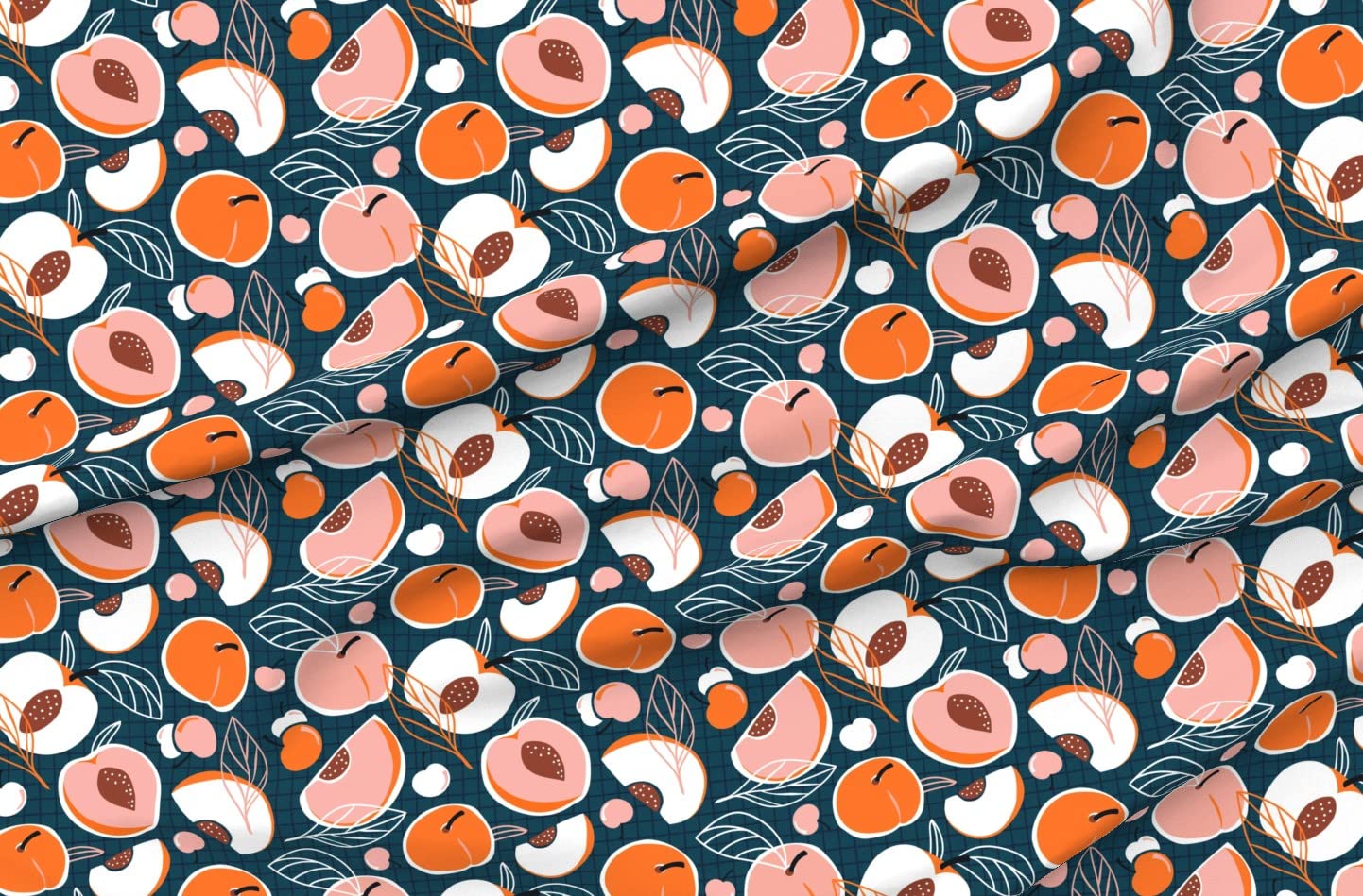 Peach Stone Fruit Dark Teal Pink Orange Summer Picnic Food Print Satin Fabric by The Yard - Premium Sewing Material for Apparel, Fashion Blankets & Home Decor (Perfect for Summer Dresses, Picnic Blankets & DIY Projects)