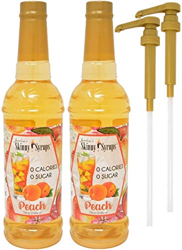 Sugar Free Peach Skinny Syrups by Jordan's - 750ml Bottles (Pack of 2) with 2 By The Cup Syrup Pumps - Perfect for Coffee, Tea, Cocktails & Desserts