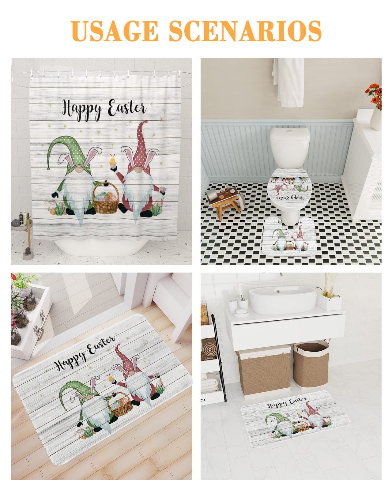 ALAGEO Happy Easter Gnomes 4-Piece Bathroom Set - Non-Slip Shower Curtain, U-Shape Rug, Toilet Cover & Bath Mat - Farmhouse Decor for Spring, Easter Party & Holiday Bathroom Decorations