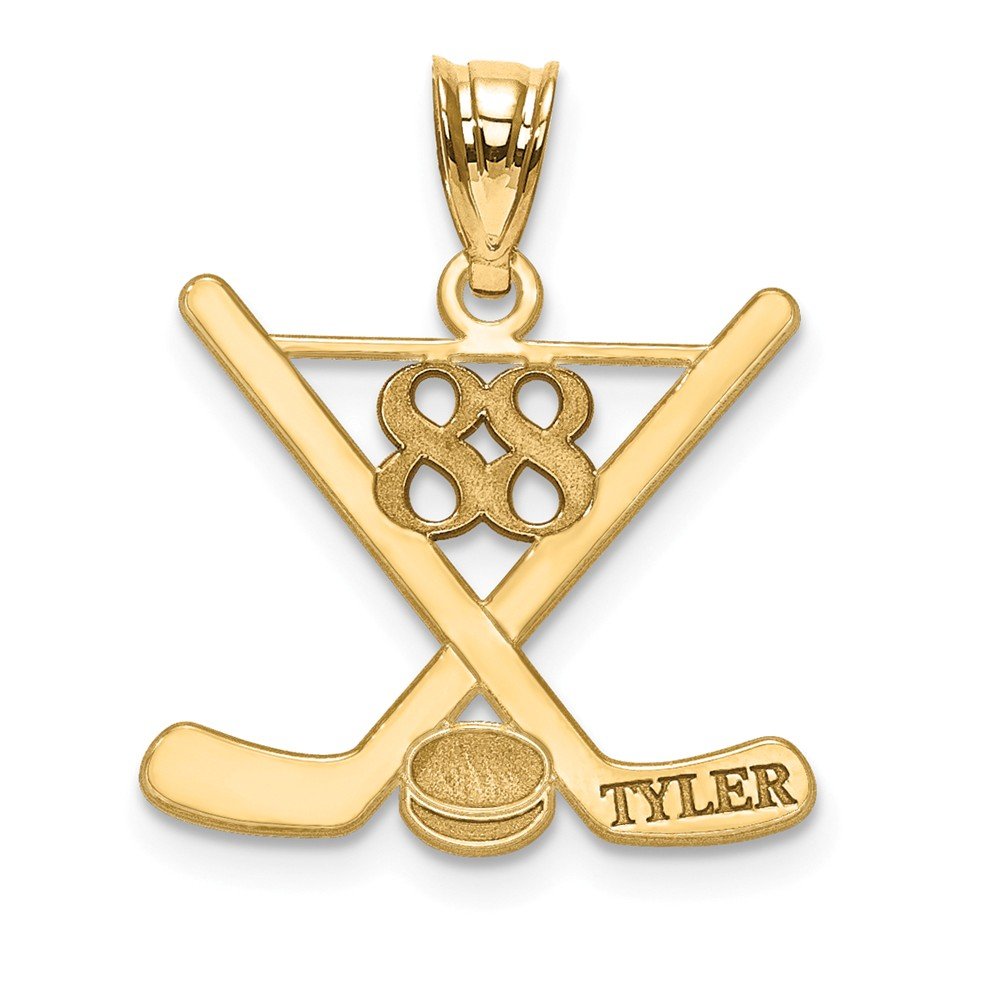 14k Solid Yellow Gold Laser Engraved Hockey Pendant Charm with Custom Name & Number - Perfect for Sports Gifts, Team Spirit Jewelry & Hockey Fan Accessories