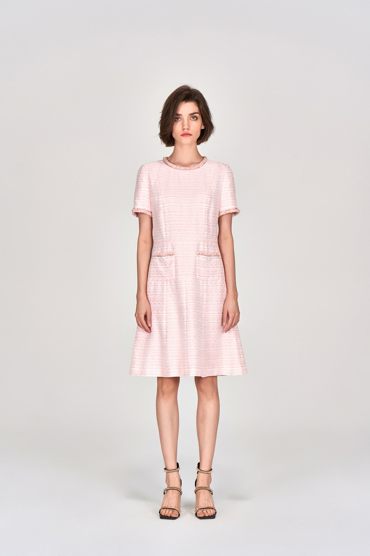 Elegant Pink Embellished Flared Tweed Dress for Women - Vintage Inspired Party & Cocktail Attire - Perfect for Weddings, Brunches & Special Occasions