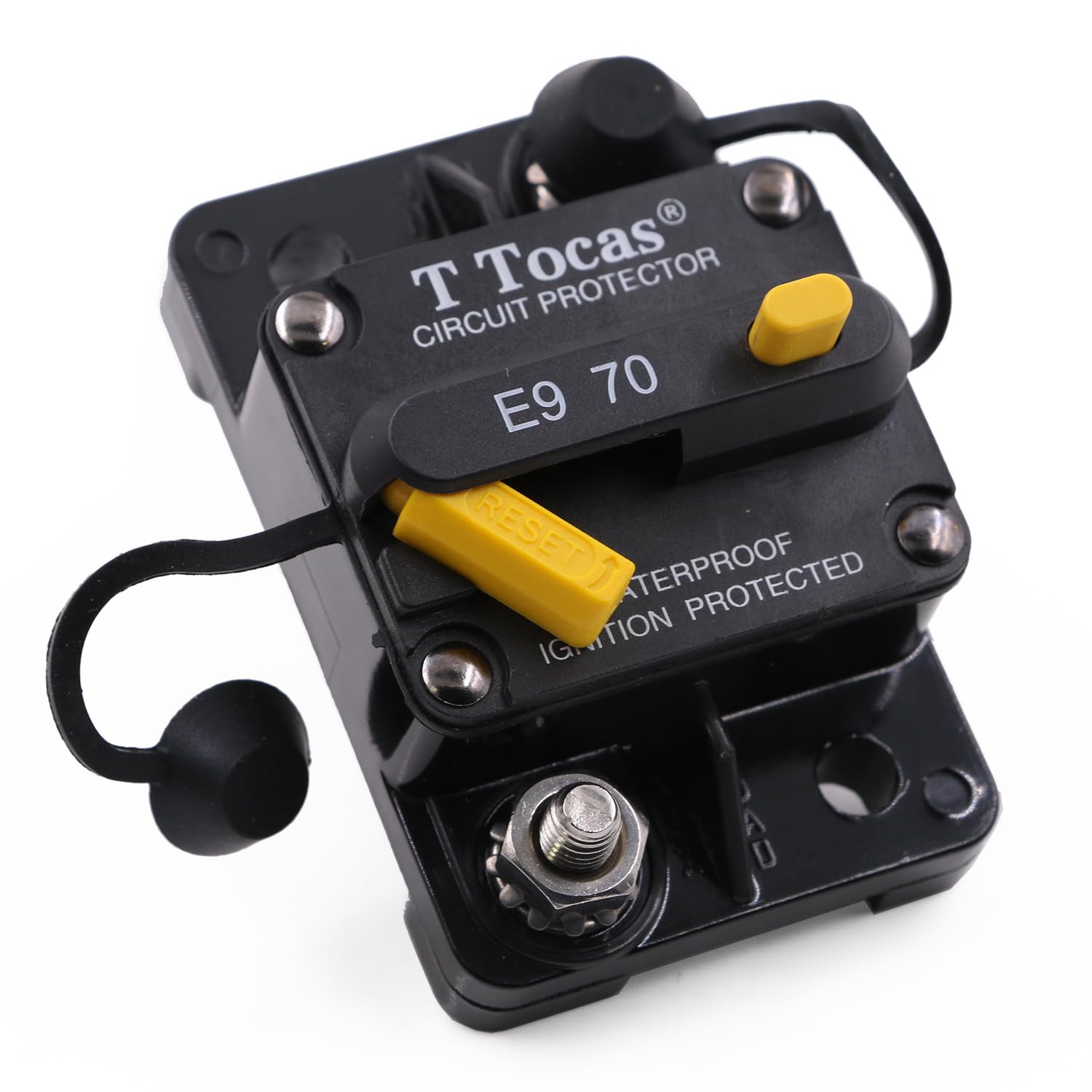 70A Surface-Mount Circuit Breaker with Manual Reset - 12V-48V DC Waterproof IP67 Protection for Marine, RV, Solar Systems & Car Audio (Perfect for Trolling Motors, Boat Batteries & Off-Grid Power)