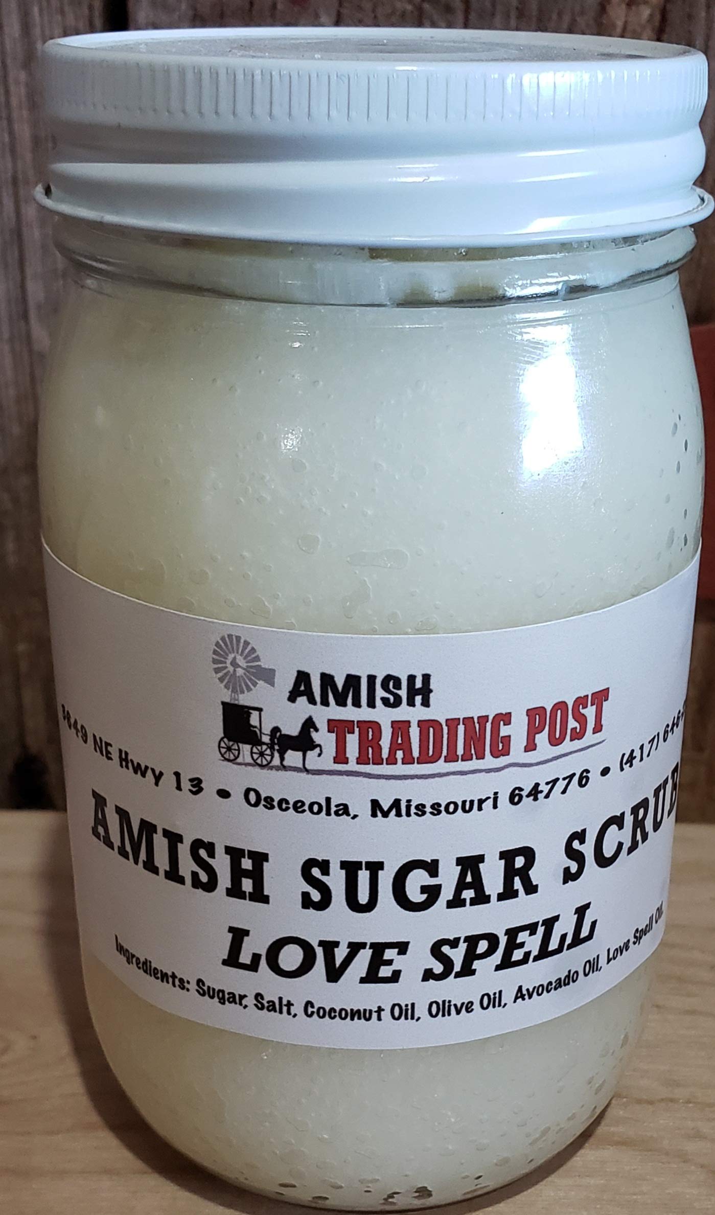 Amish All-Natural Sugar Scrub - 16oz Glass Jar Facial Exfoliator (Love Spell Scent) | Homemade Skincare for Dry Skin & Body Care - Perfect for Spa Day & Gift Giving