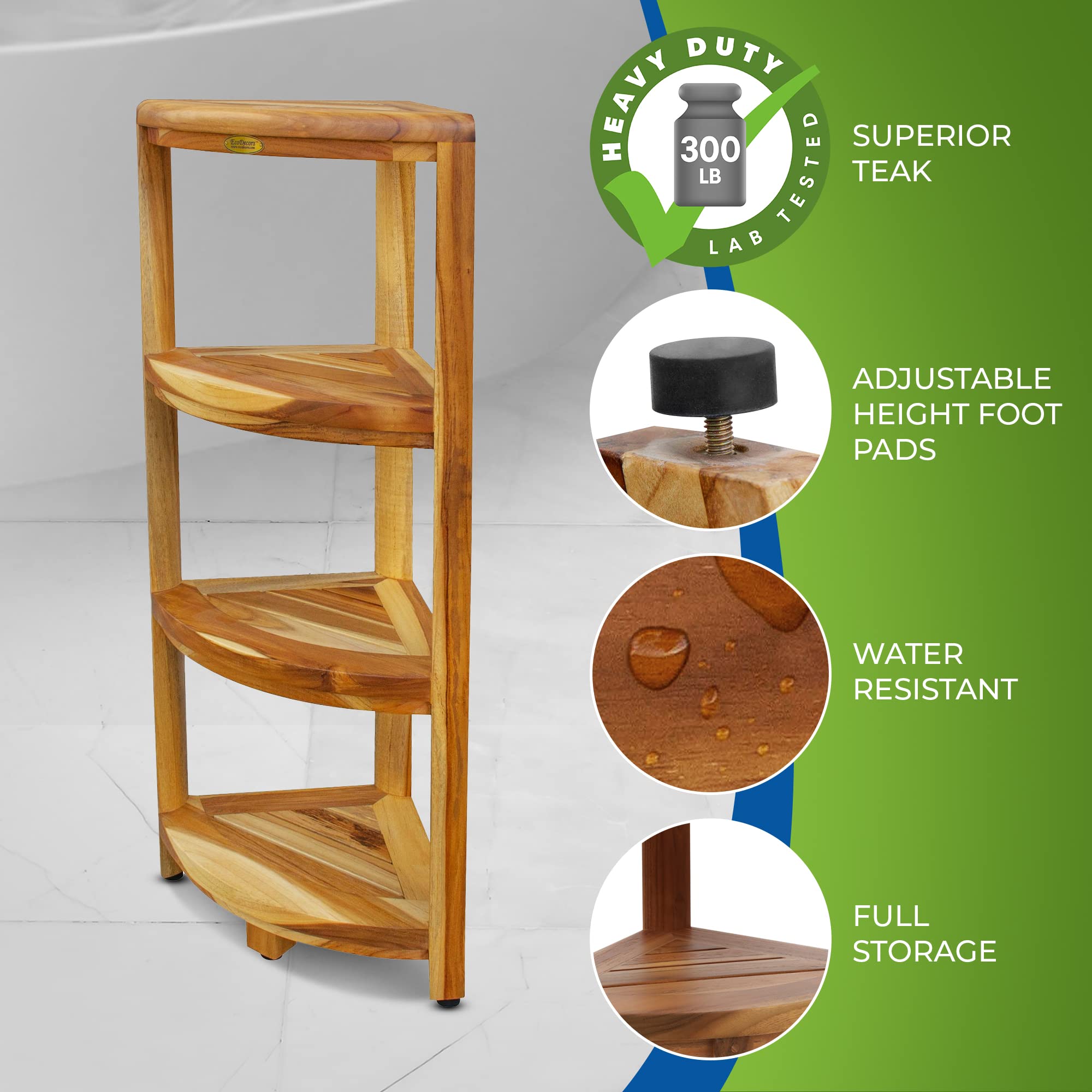 Waterproof Teak Wood Shower Bench Stool with 4-Tier Natural Shelf - Bathroom Storage Organizer for Safety & Accessories | Ideal for Small Spaces, Elderly Safety & Spa-Like Shower Experience