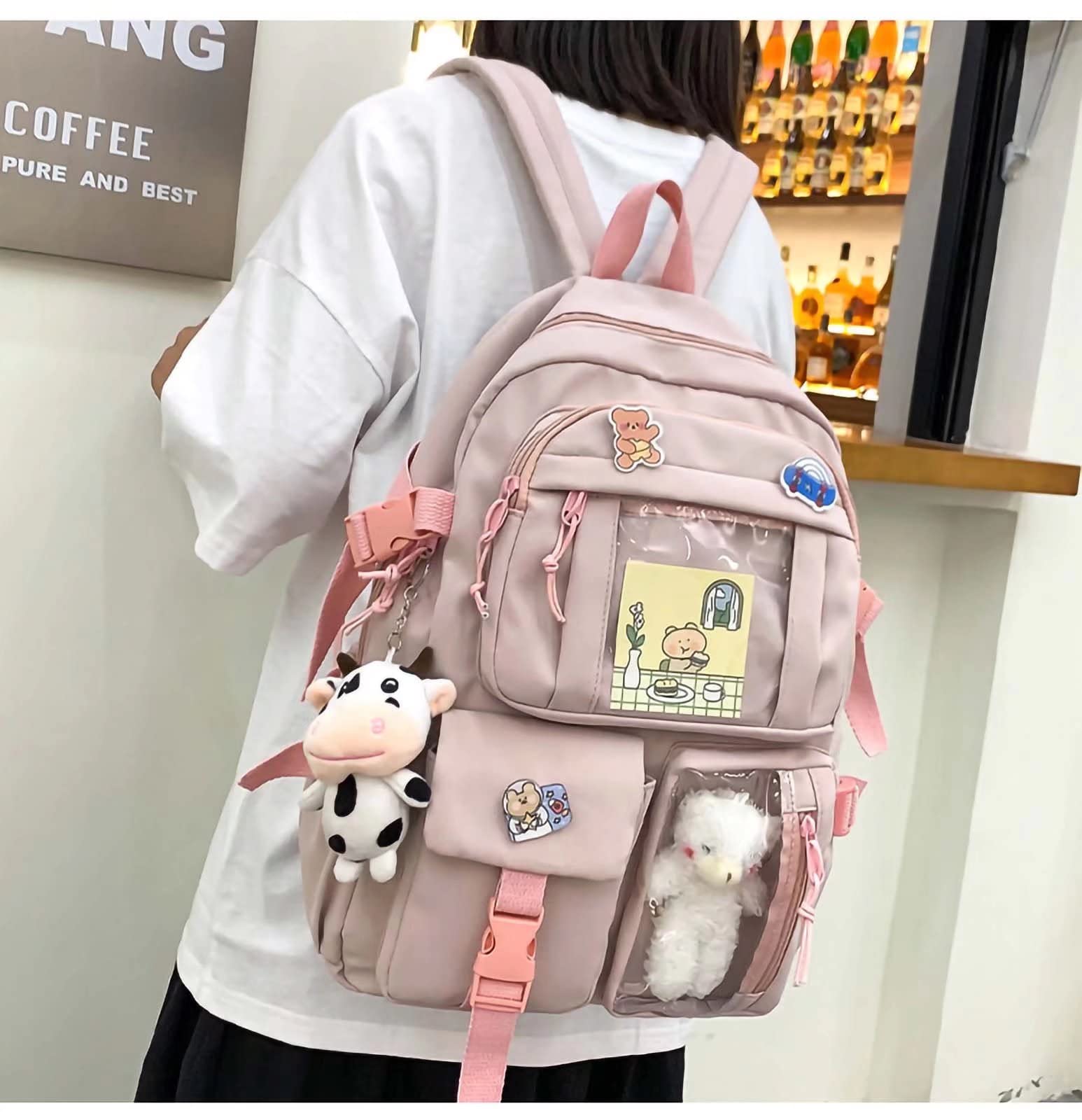Cute Kawaii Backpack with Plush Pendant & Pins - Aesthetic School Bag for Girls, Teens & College Students | Perfect for School, Travel & Everyday Use