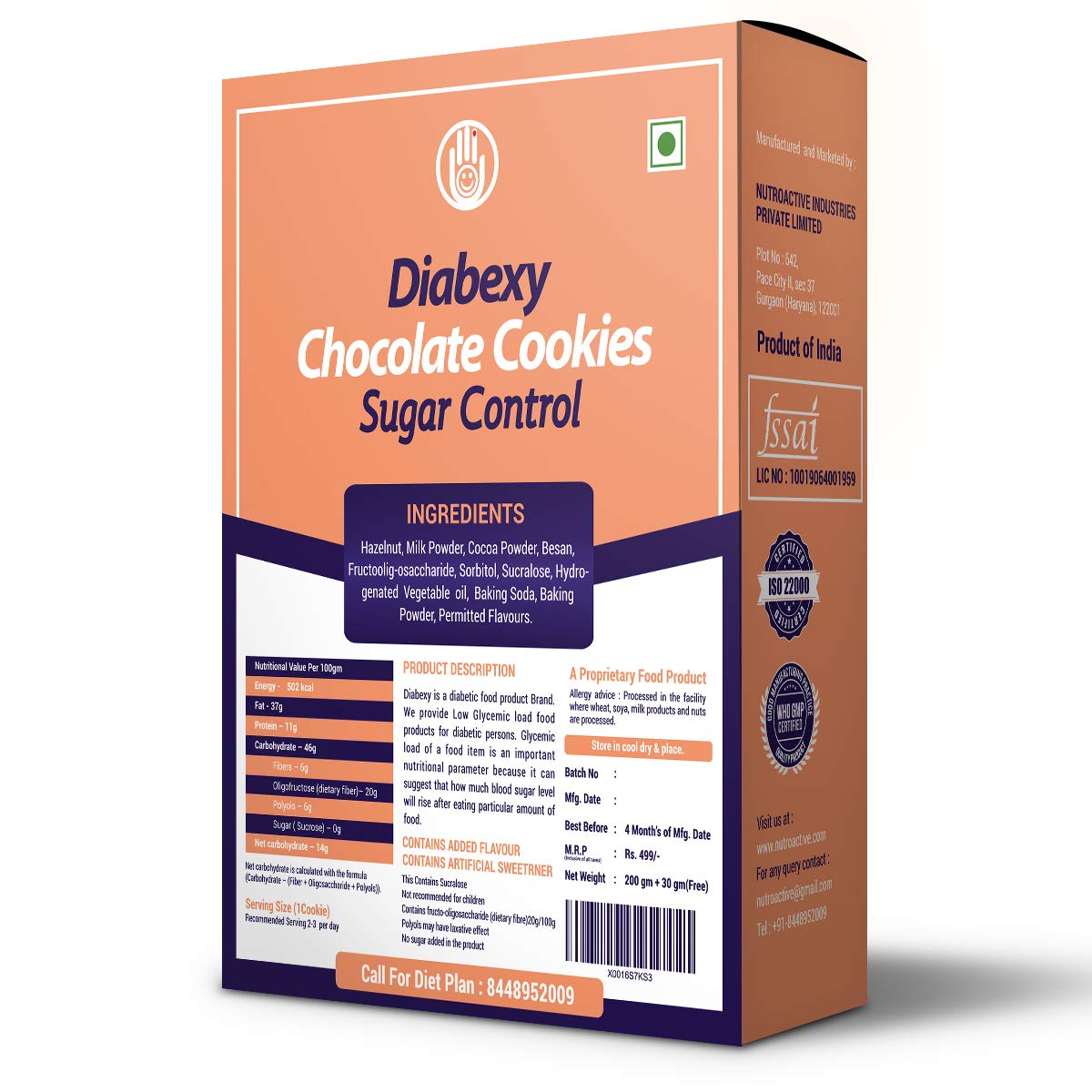 Diabexy Sugar Control Cookies - Low Glycemic Snacks for Diabetics - Chocolate Hazelnut & Assorted Flavors (10 Box Pack) - Perfect for Healthy On-the-Go Snacking & Blood Sugar Management
