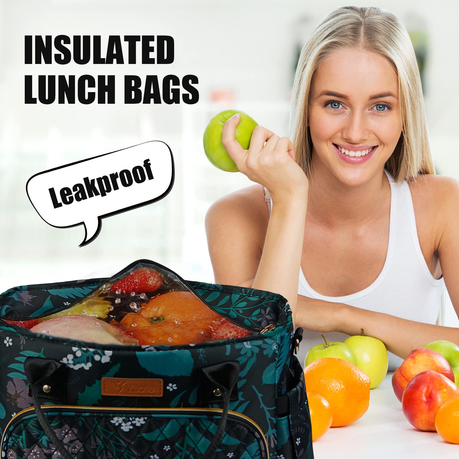 Yitote 18L Insulated Lunch Box for Women - Cute Floral Lunch Bag with Bottle Holder & Adjustable Shoulder Strap - Perfect for Work, Office, School & Picnics