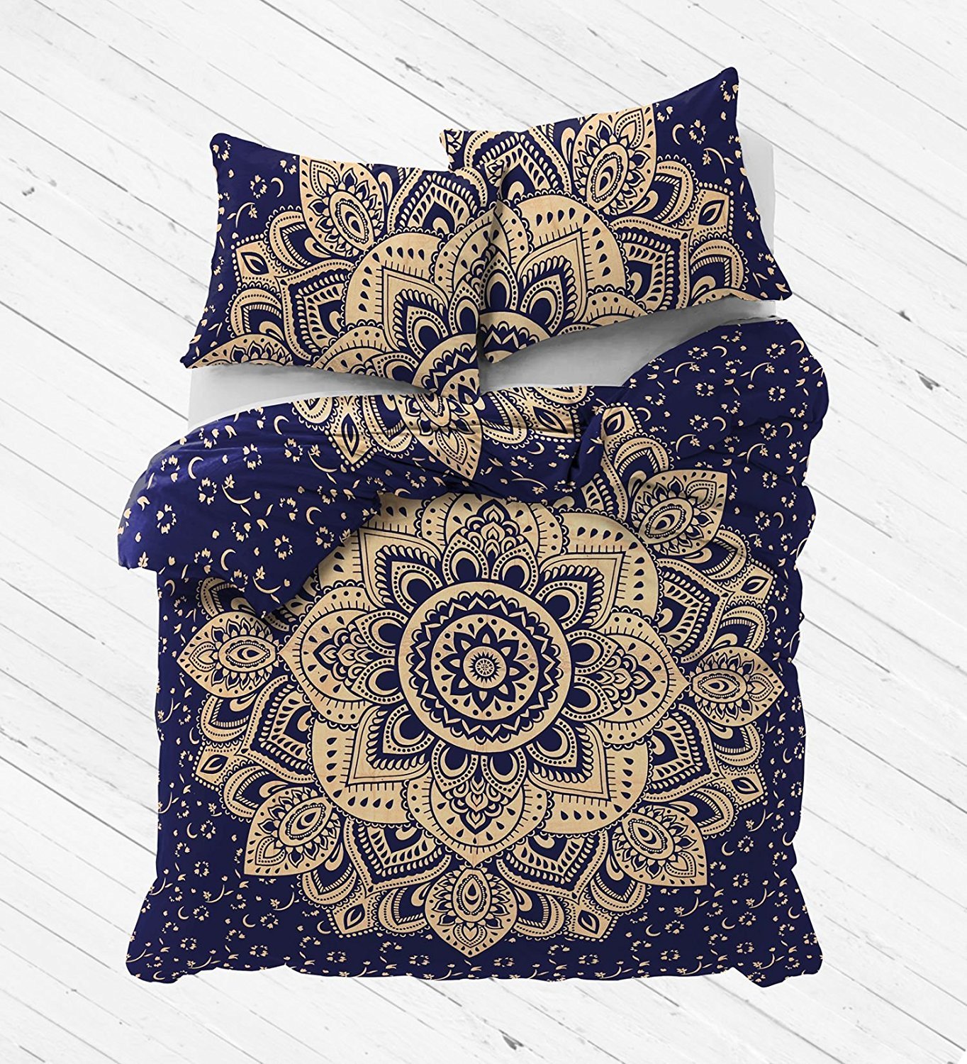 Sophia-Art Indian Handmade Bohemian Duvet Cover Set - 100% Cotton Hippie Style Mandala Ombre Bedding with 2 Pillow Shams (Blue Gold Floral, Twin 52x74 Inches) - Perfect for Boho Chic Bedroom Decor, Guest Room & Yoga Retreats