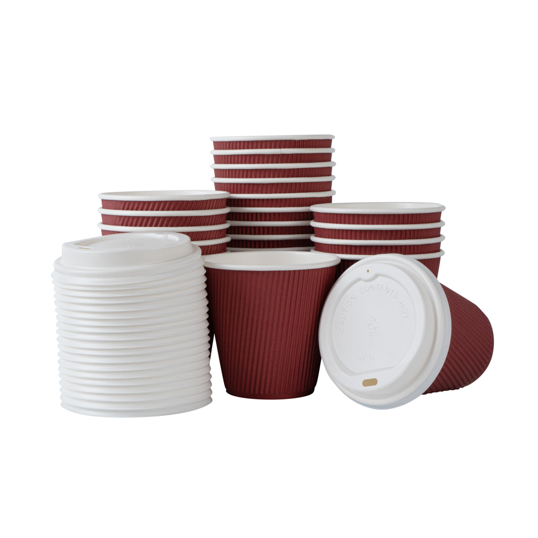 8 oz Crimson Red Ripple Wall Paper Coffee Cups with White Lids - 20 Count Box (3.5