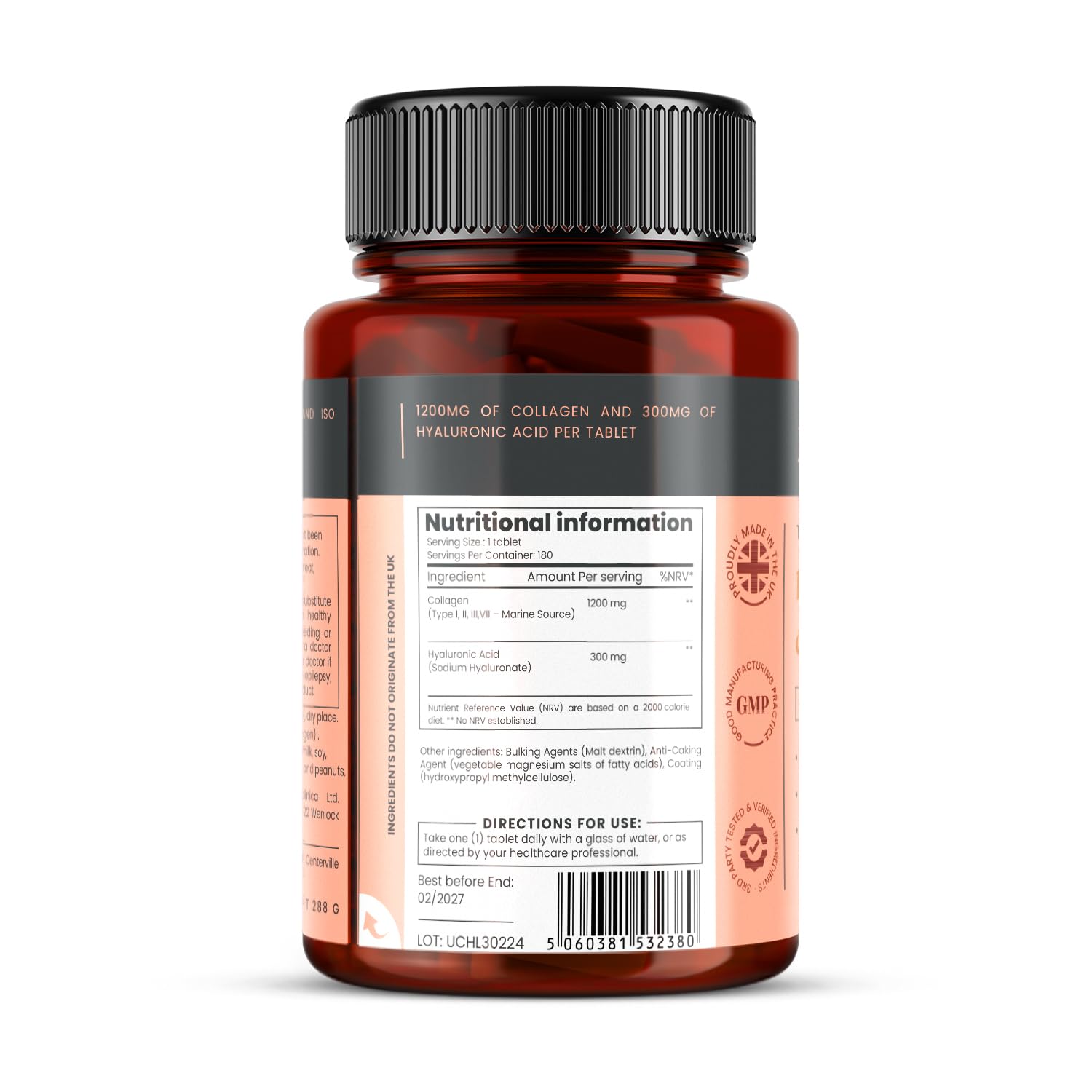1500mg x 1080 UltraColl Collagen & Hyaluronic Acid Tablets - 1200mg Collagen & 300mg HA per Tablet (6 Bottles x 180 Tablets) | 18 Month Supply for Joint Support & Skin Hydration
