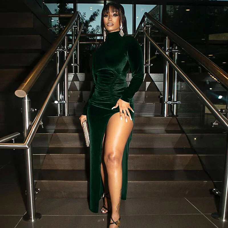 Women's Velvet Long Sleeve Bodycon Dress - Sexy Ruched Midi Dress with Side Slit for Fall/Winter | Perfect for Club, Party & Streetwear Fashion | Elegant Evening Outfits & Night Out Dresses
