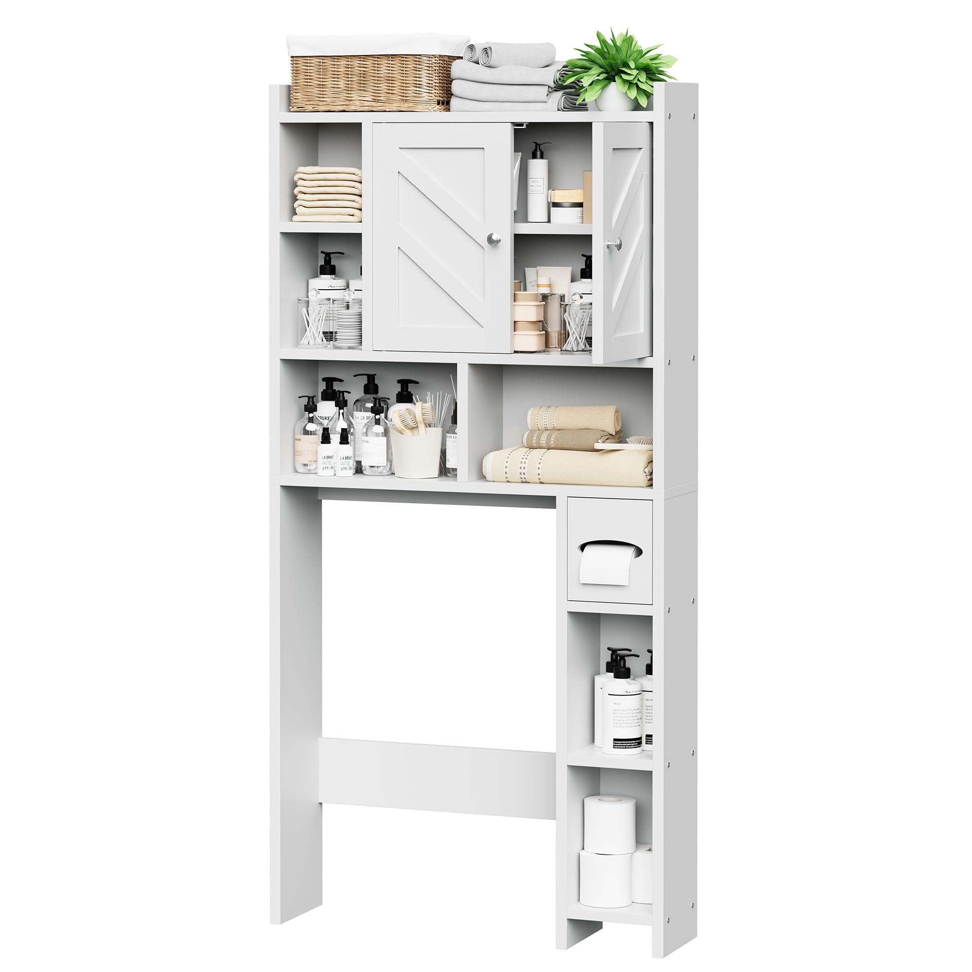 Meilocar Over The Toilet Storage Cabinet - Freestanding Farmhouse Bathroom Organizer with Adjustable Shelf & Toilet Paper Holder, White | Space-Saving Storage for Small Bathrooms, Apartments & Powder Rooms