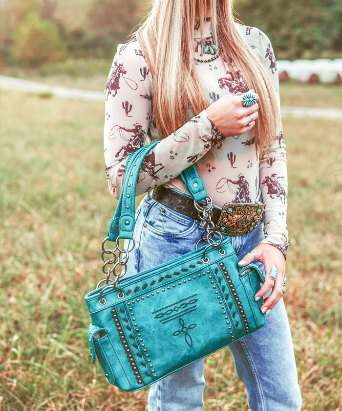 Montana West Whipstitch Studs Concealed Carry Satchel Purse - Stylish Women's Leather Crossbody Bag for Everyday Use, Travel & Work