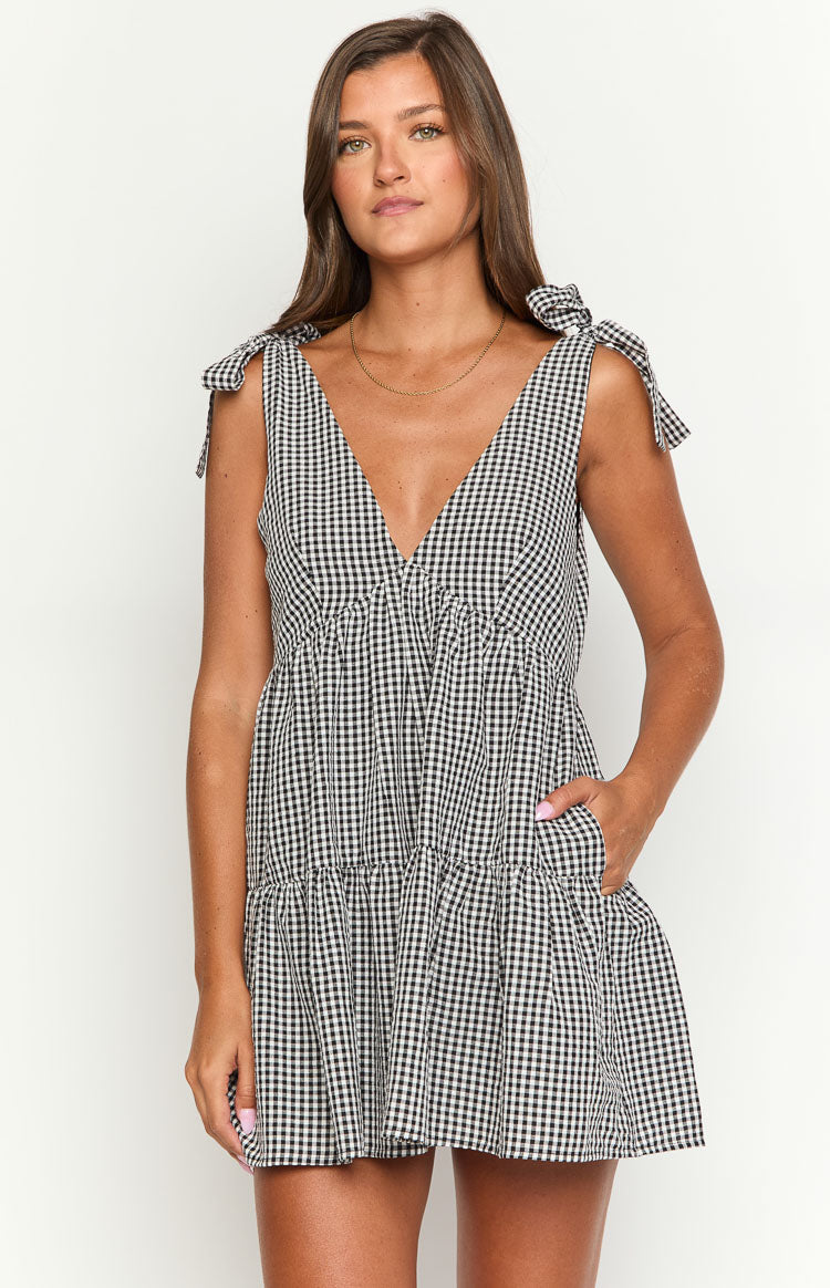 Angel Girl Black Gingham Mini Dress - Floral Print Summer Party Dress for Women, Girls | Perfect for Beach Vacations, Date Nights & Outdoor Events